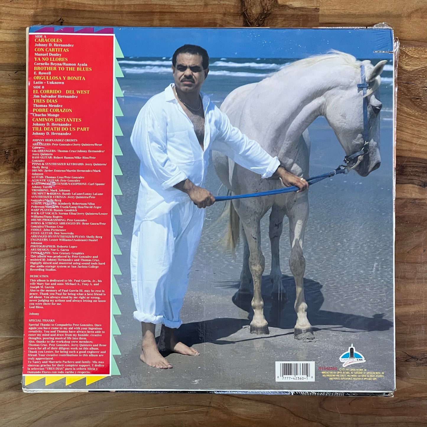 Book cover with a person and horse on a wooden surface