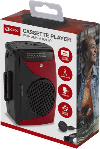 GPX CAS337 Portable Cassette Player with AM/FM Radio/Voice Record (Red/Black)
