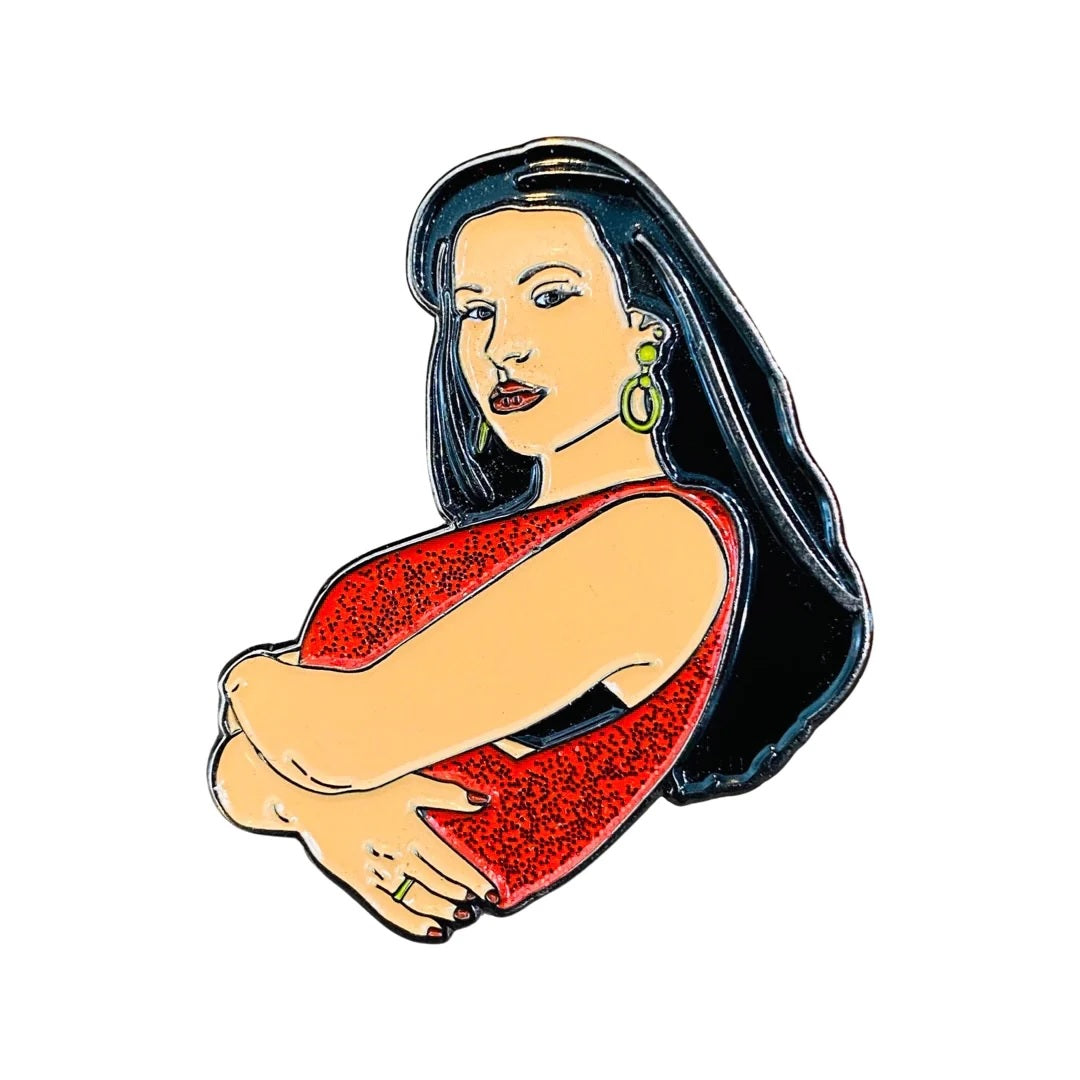 Pin superior con purpurina roja La Cantante