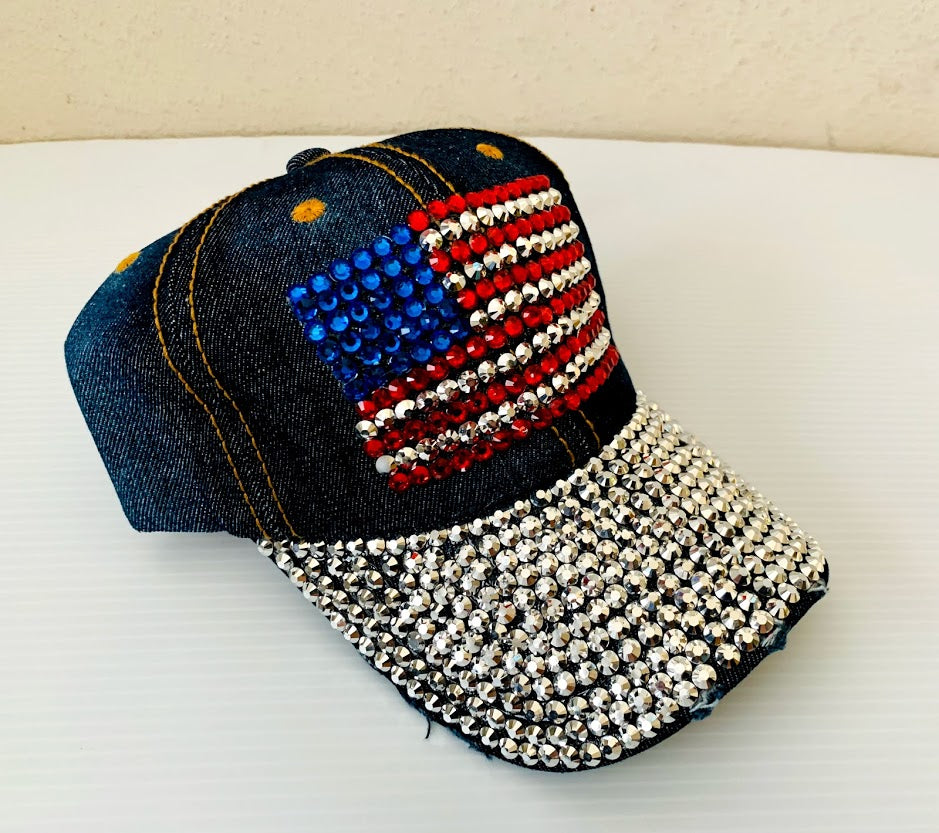 Joya de la bandera de EE. UU. en tela vaquera | Gorra de diamantes de imitación