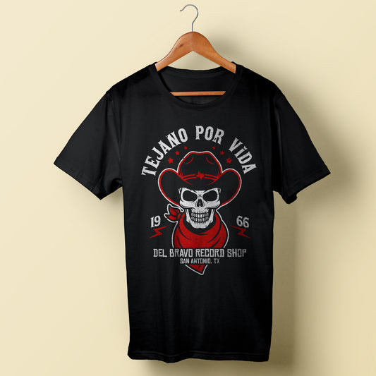 Del Bravo Record Shop Tejano Por Vida (Black) T-Shirt DLB MERCH