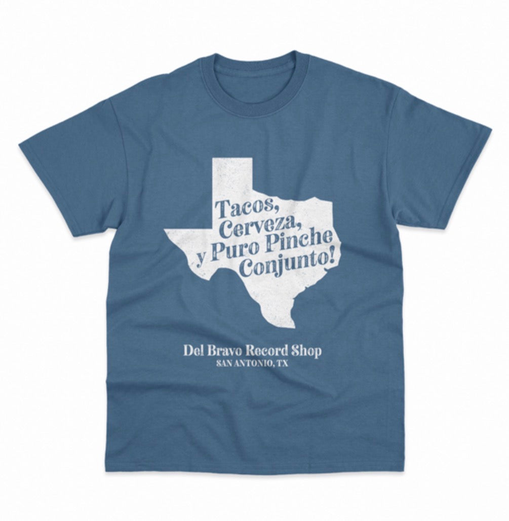 Del Bravo Record Shop Tacos, Cerveza (Cool Blue) T-Shirt DLB Merch