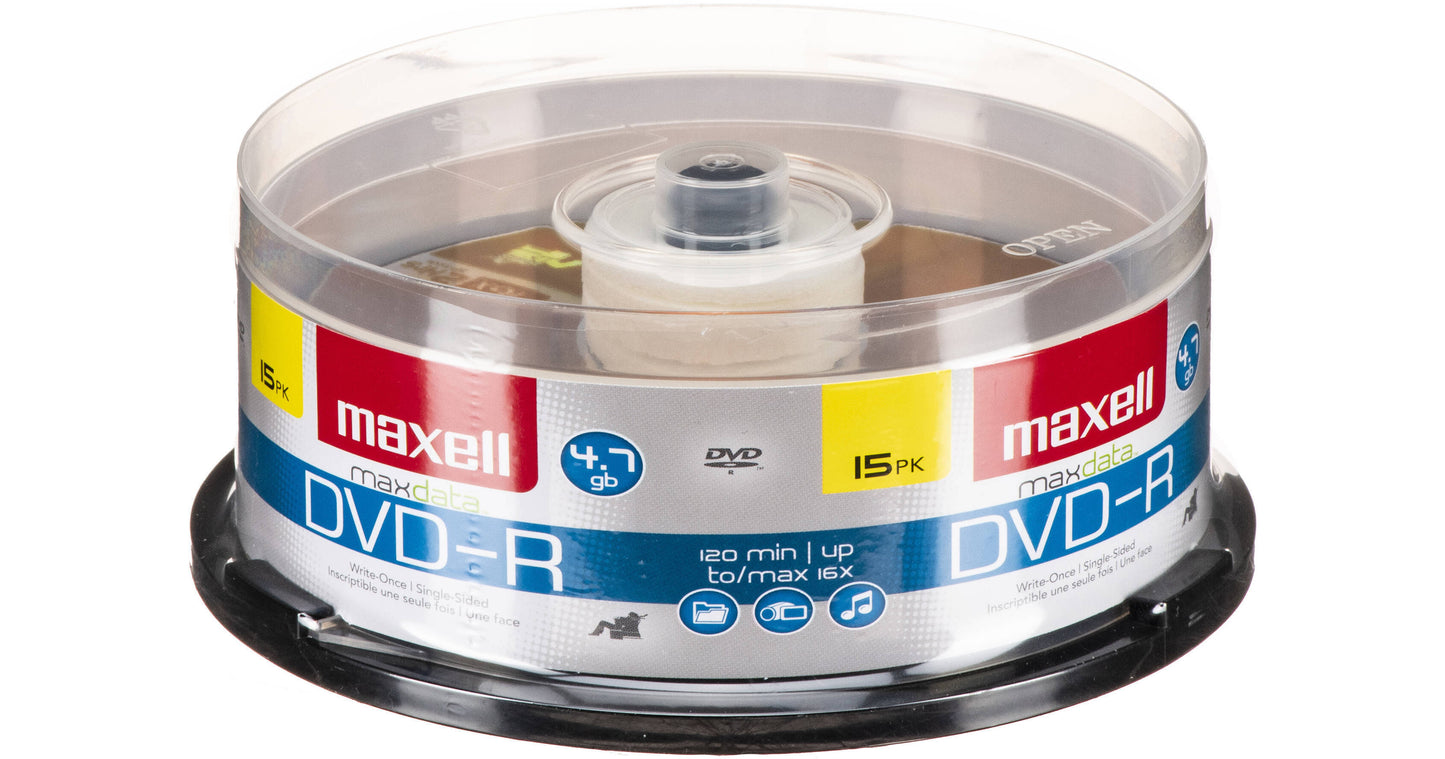 Maxell 638006 DVD-R 15PK SPN Recordable Discs 4.7GB 16x 120 Min Spindle 15 Pk