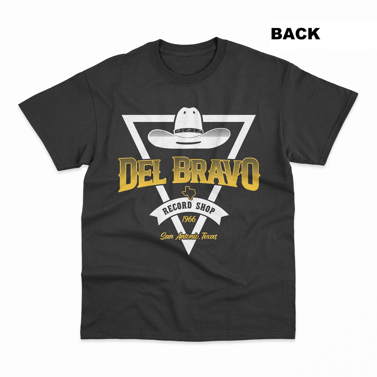 Del Bravo Record Shop Puro Pinche Conjunto! (Solid Black) T-Shirt DLB MERCH
