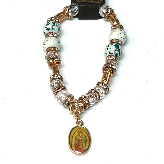 Clear and White Beaded Bracelet With Virgen de Guadalupe Charm