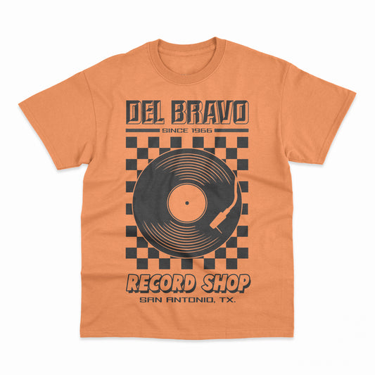 Del Bravo Record Shop Checker (Solid Tangerine Orange) T-Shirt DLB MERCH