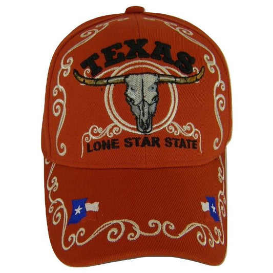 Texas Lone Star State Adjustable Baseball Cap with Flag and Longhorn (Orange)