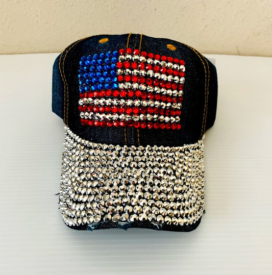 Joya de la bandera de EE. UU. en tela vaquera | Gorra de diamantes de imitación