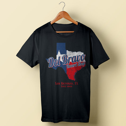 Del Bravo Record Shop Texas Map (Black) T-Shirt