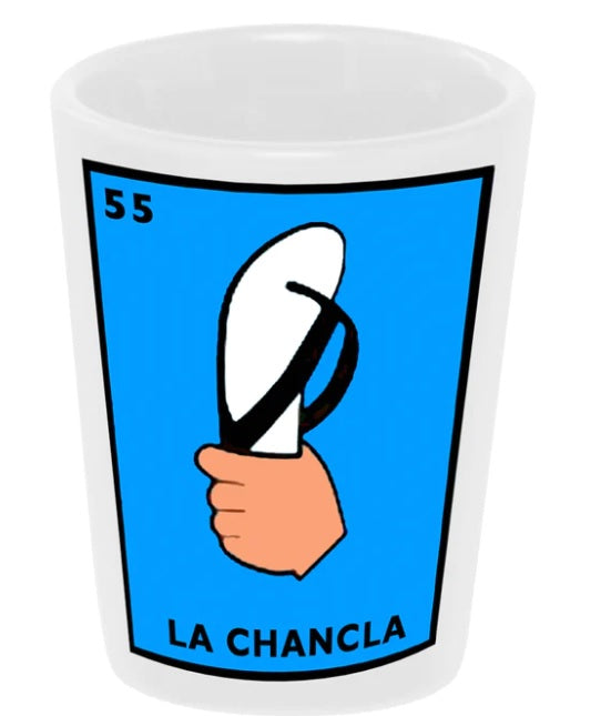Loteria: La Chancla 1.5 oz. Vaso de chupito de cerámica blanca