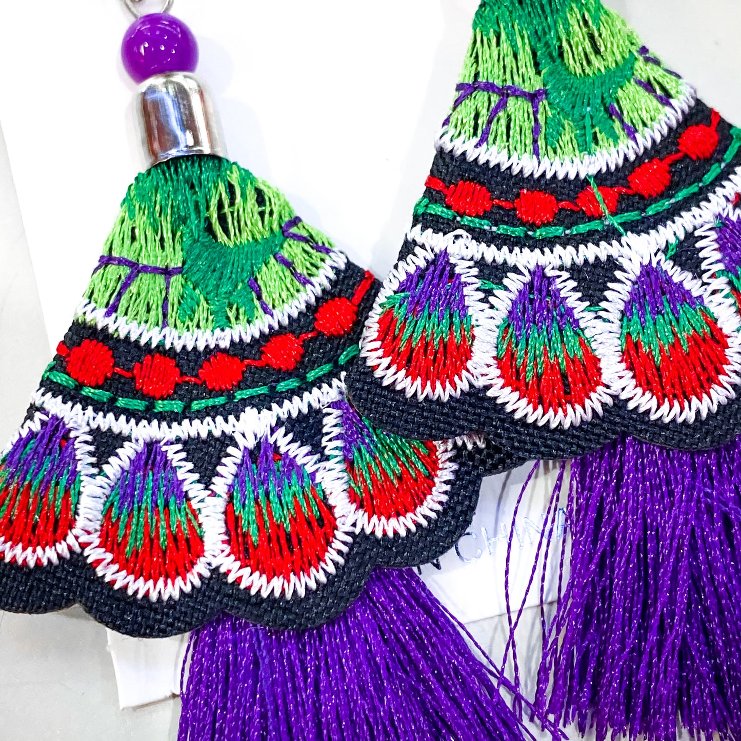 Mexican Floral Embroidered Tassel Earrings - Purple/Purple