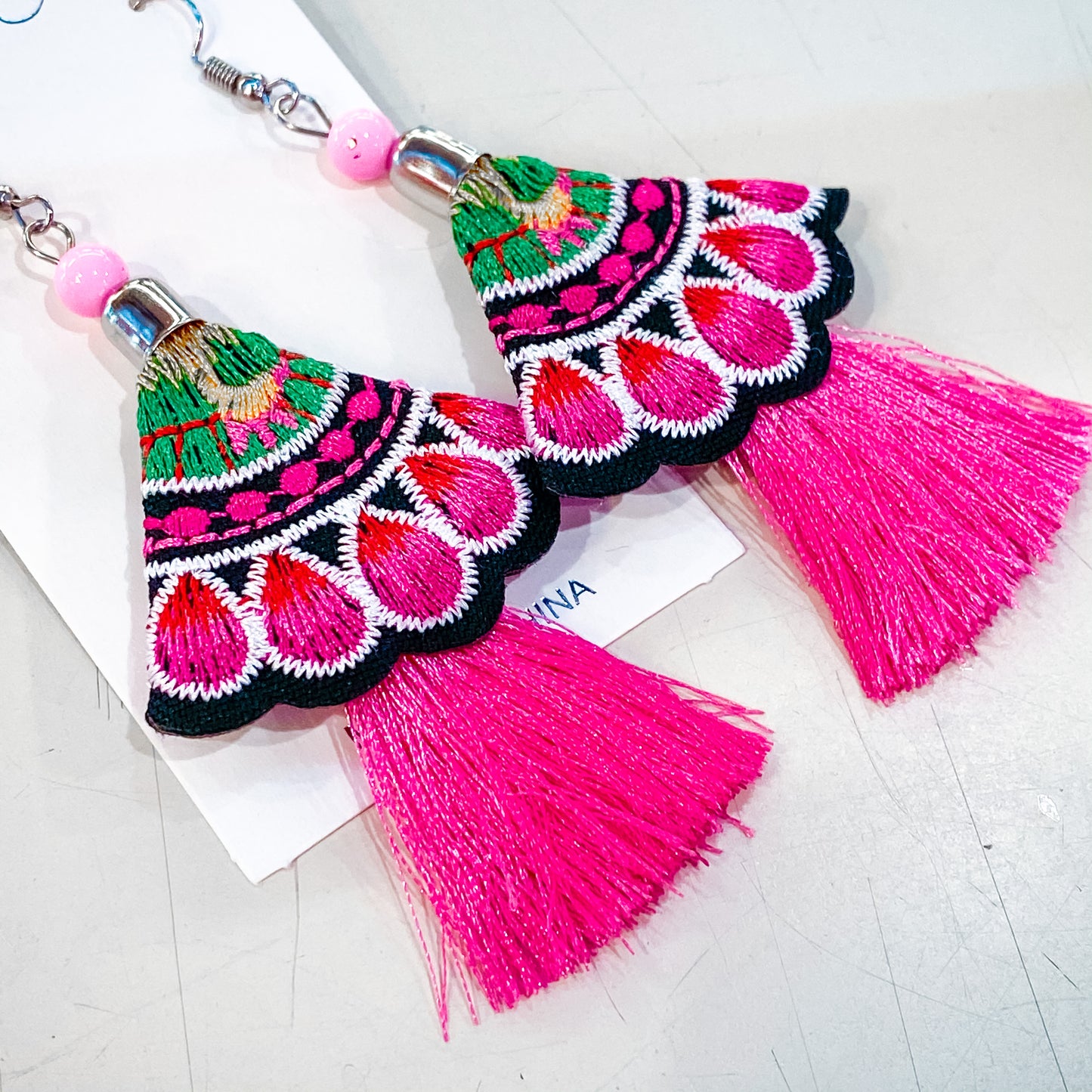 Mexican Floral Embroidered Tassel Earrings - Pink/Pink