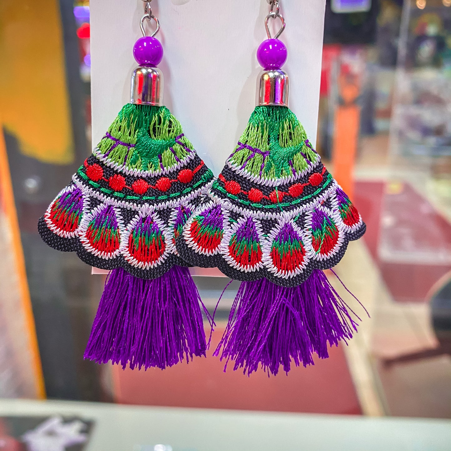 Mexican Floral Embroidered Tassel Earrings - Purple/Purple