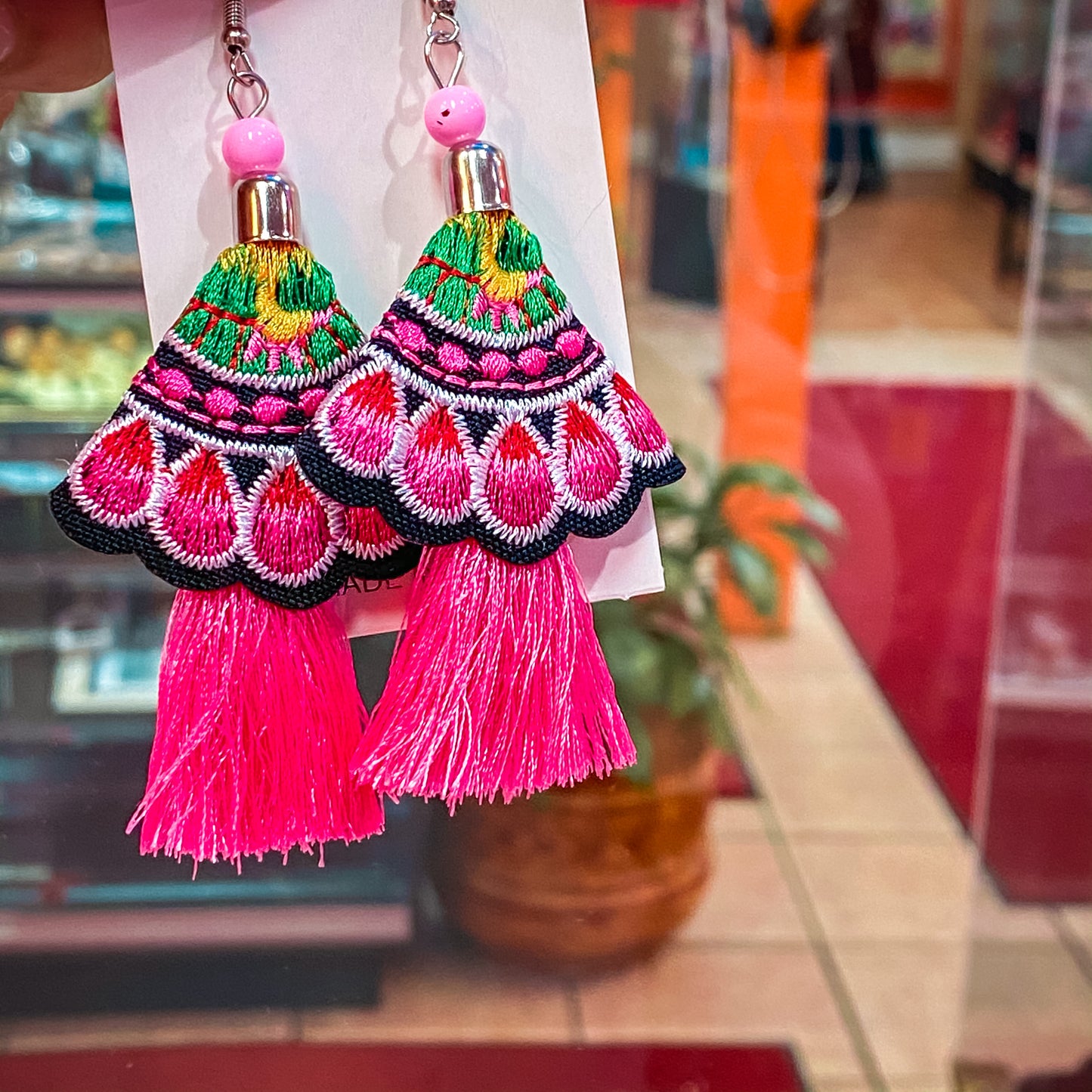 Mexican Floral Embroidered Tassel Earrings - Pink/Pink