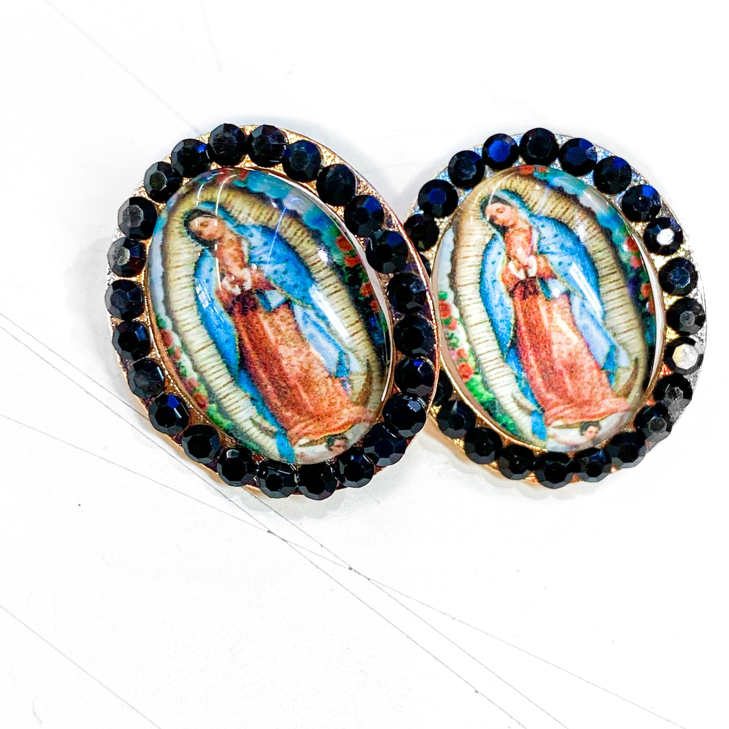Virgen de Guadalupe Rhinestone Earrings - Black | Blue
