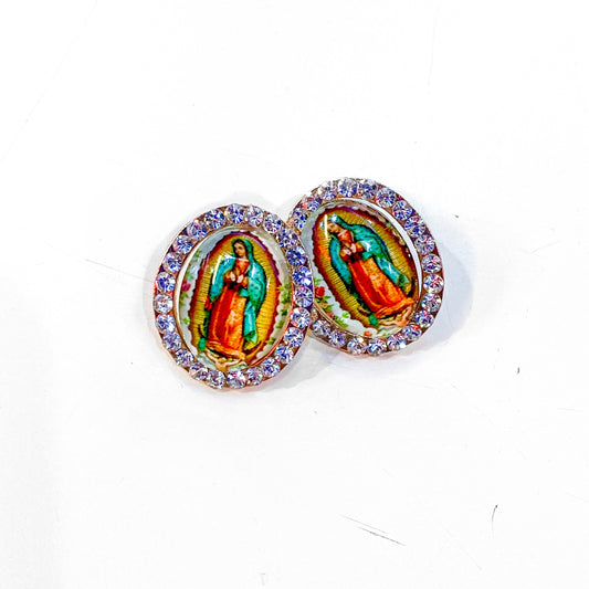 Clearance Final Sale - Virgen de Guadalupe Rhinestone Earrings - Clear | Green