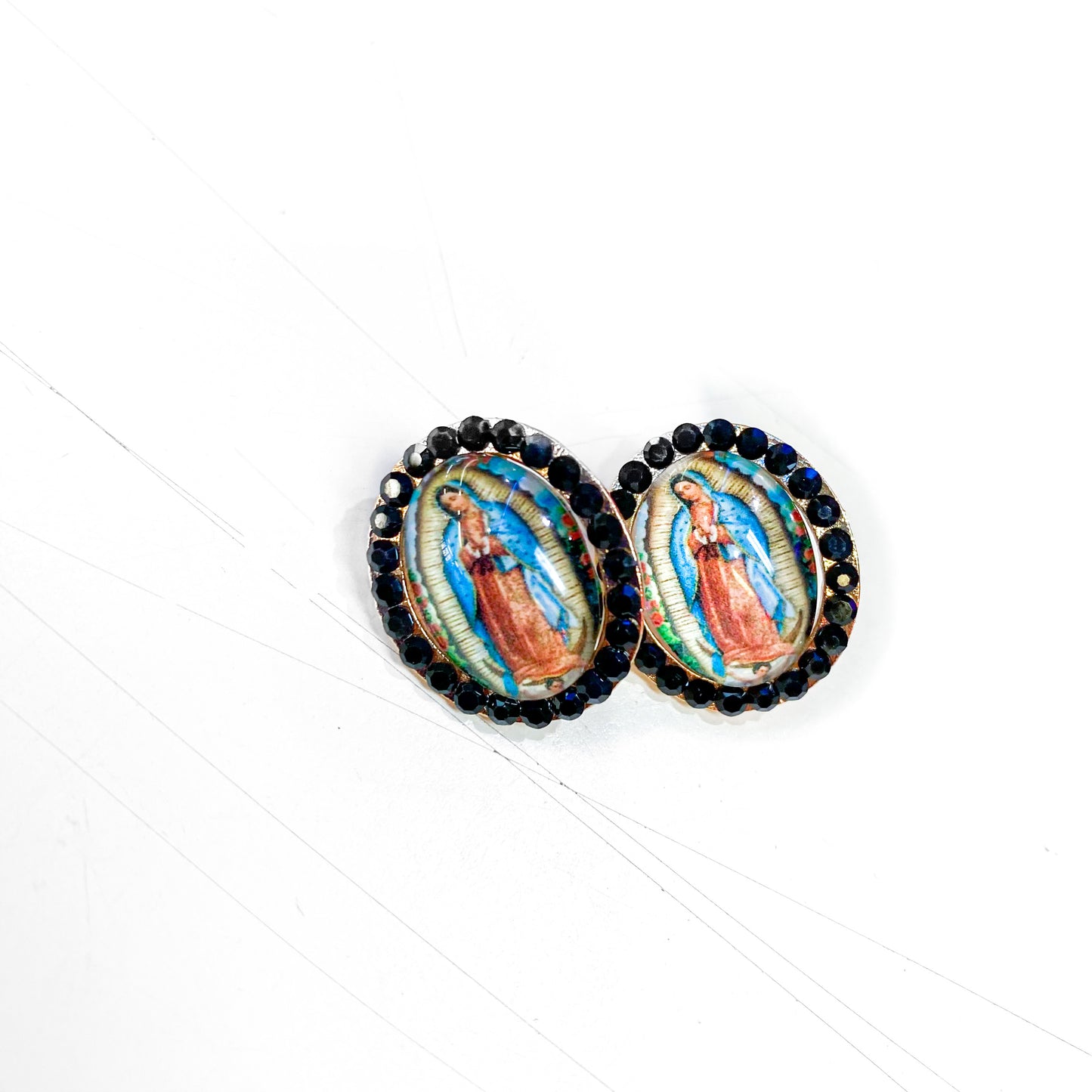 Virgen de Guadalupe Rhinestone Earrings - Black | Blue