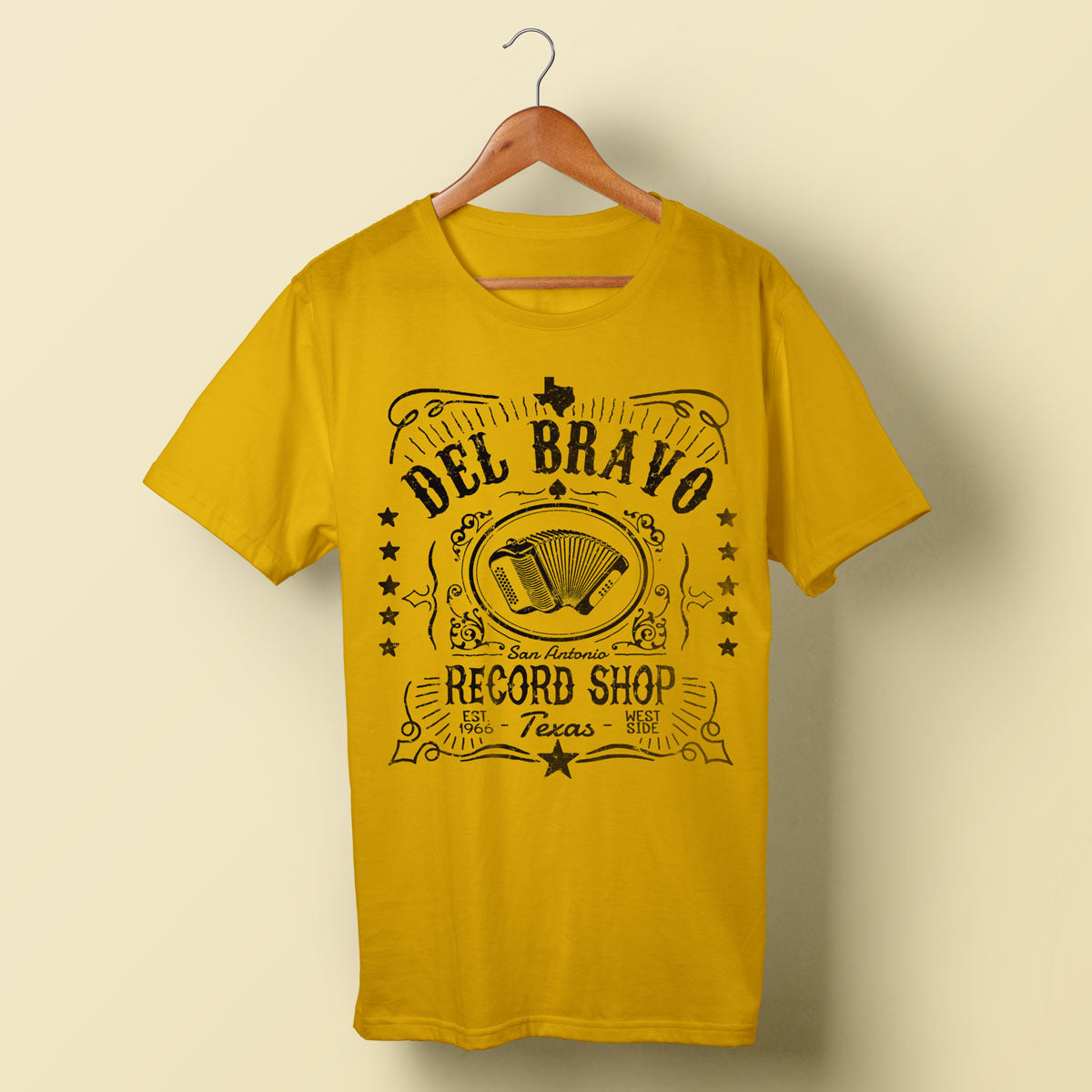 Del Bravo Record Shop Label (Mustard Yellow) T-Shirt DLB MERCH
